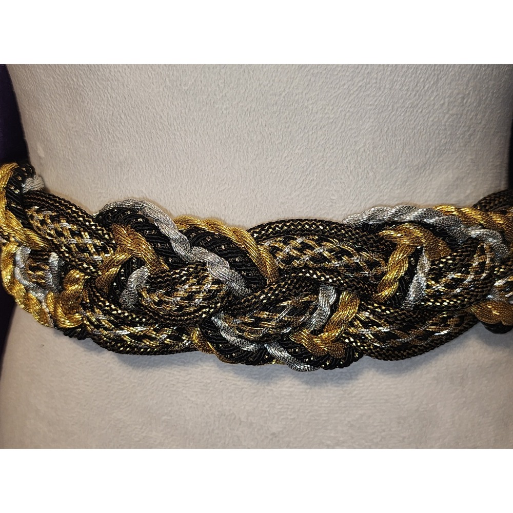 Vintage Metallic Braided Rope Belt Gold Silver Black Woven Statement Hook Size S